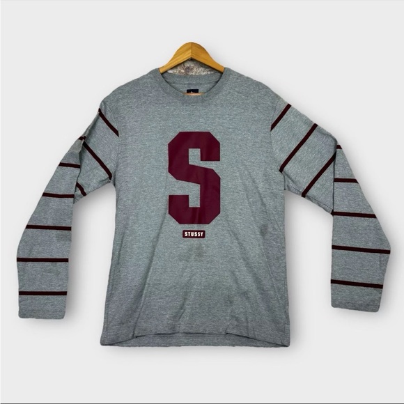 Stussy Other - Vintage Stussy Sweatshirt Mens Large Gray Big S Logo Print Striped Sleeve Preppy